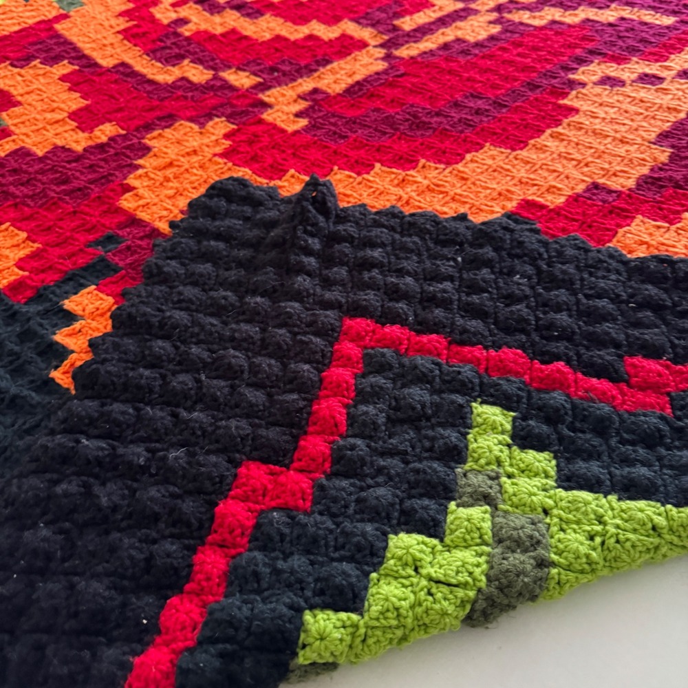 Handmade Crochet Rose Throw Blanket Black Red Orange Floral Pixel Afghan 72x70" - Picture 8 of 14